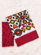 NAYANTHARA PURE MULMUL COTTON IKKAT PRINTD RED AND YELLOW SAREE