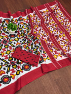 NAYANTHARA PURE MULMUL COTTON IKKAT PRINTD RED AND YELLOW SAREE