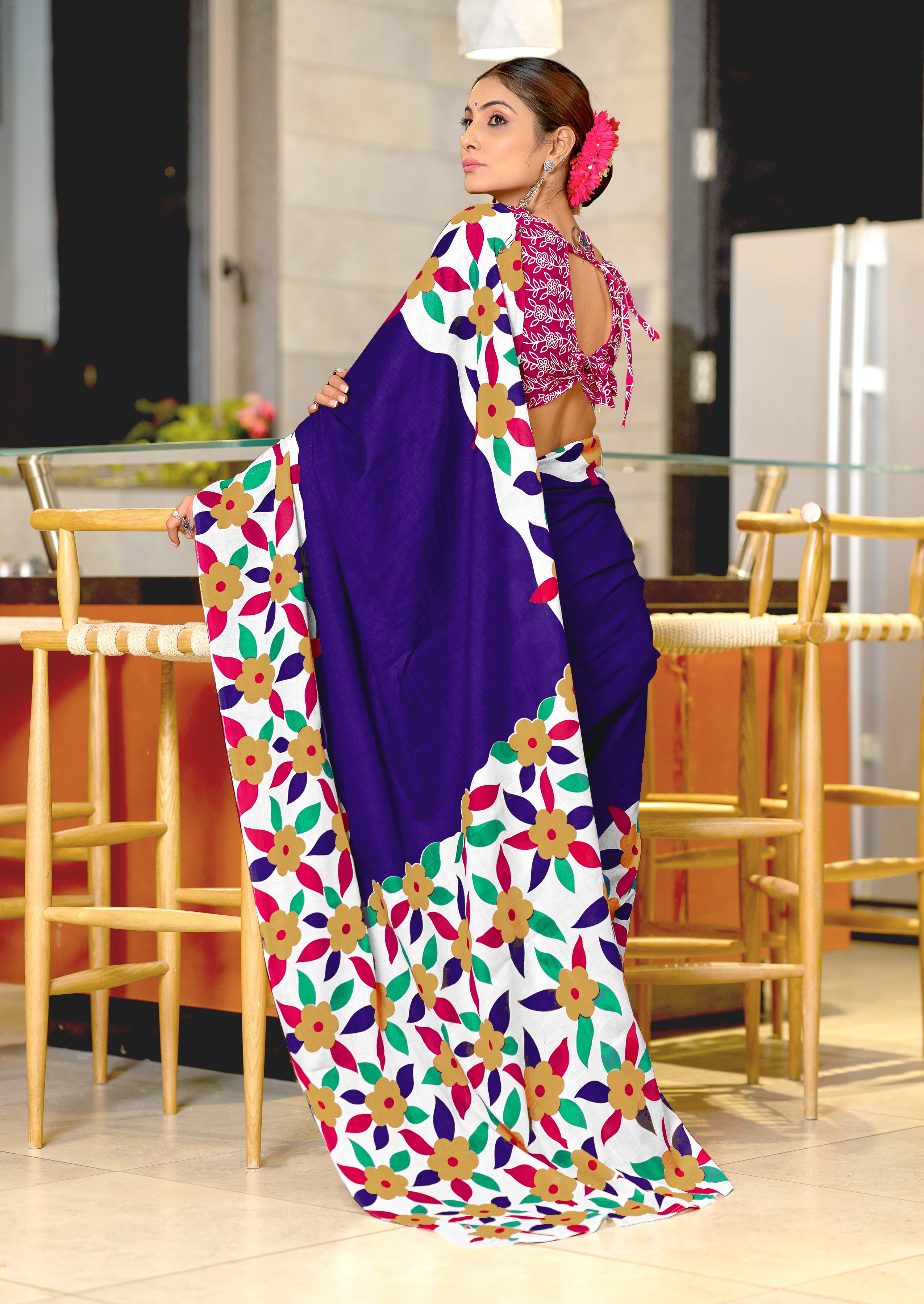 NIRUPA PURE MULMUL COTTON FLORAL PRINTED BLOCK PRINTD BLUE SAREE