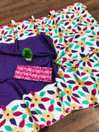 NIRUPA PURE MULMUL COTTON FLORAL PRINTED BLOCK PRINTD BLUE SAREE