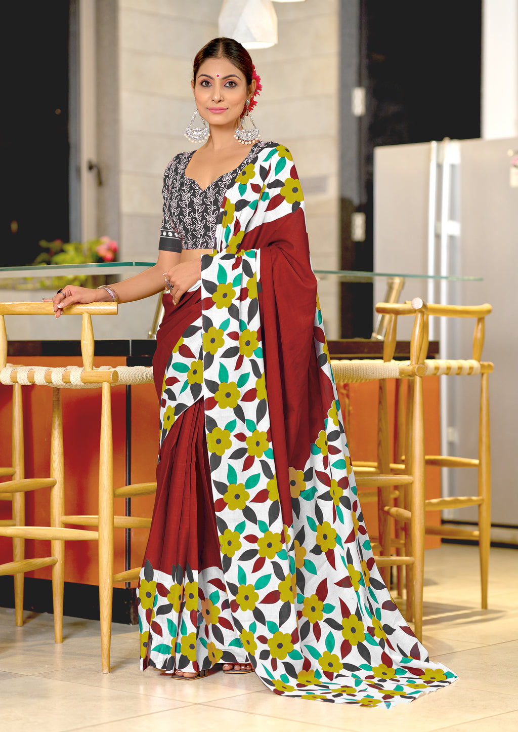 NIRUPA PURE MULMUL COTTON FLORAL PRINTED BLOCK PRINTD MAROON SAREE