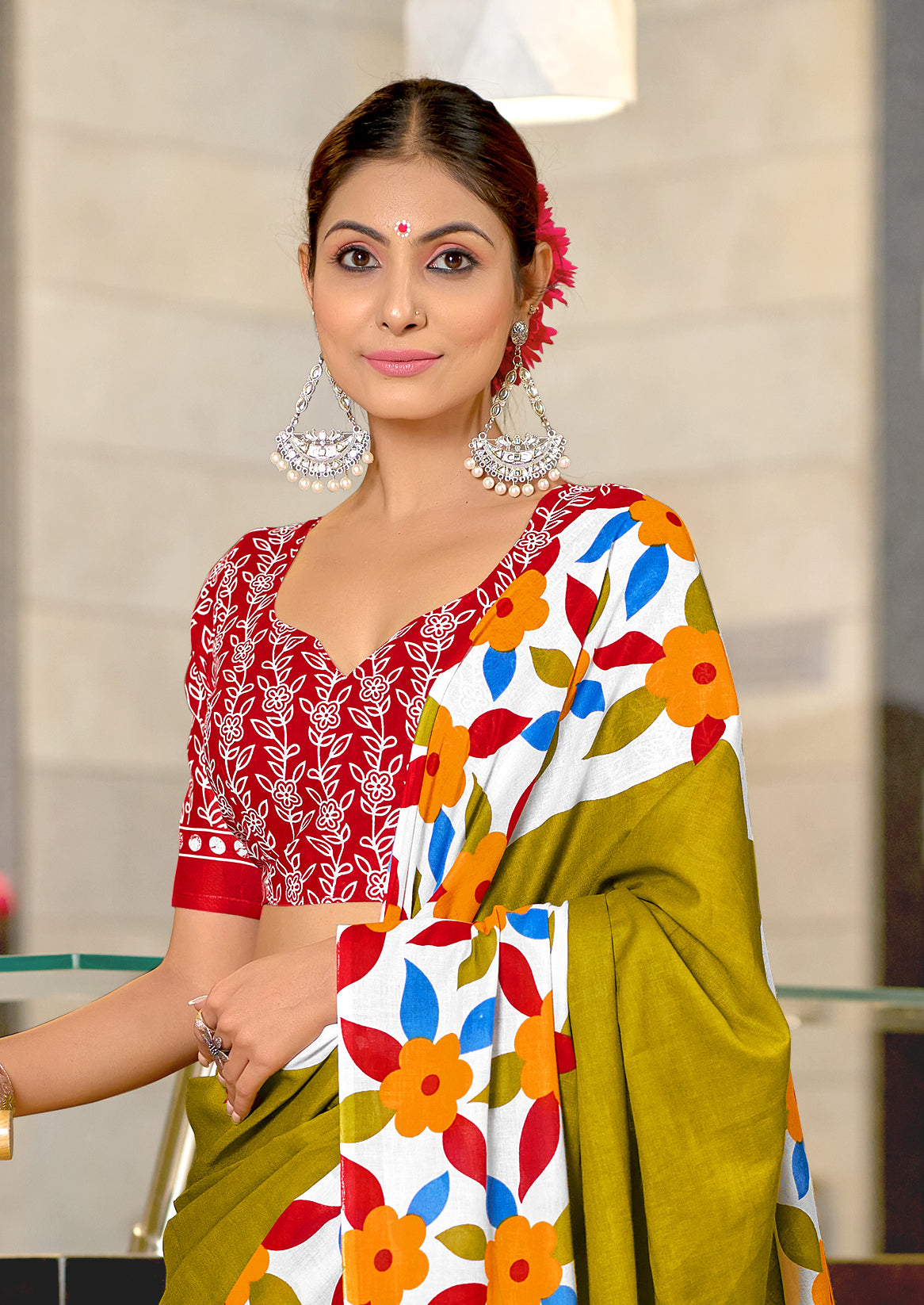 NIRUPA PURE MULMUL COTTON FLORAL PRINTED BLOCK PRINTD GREEN SAREE