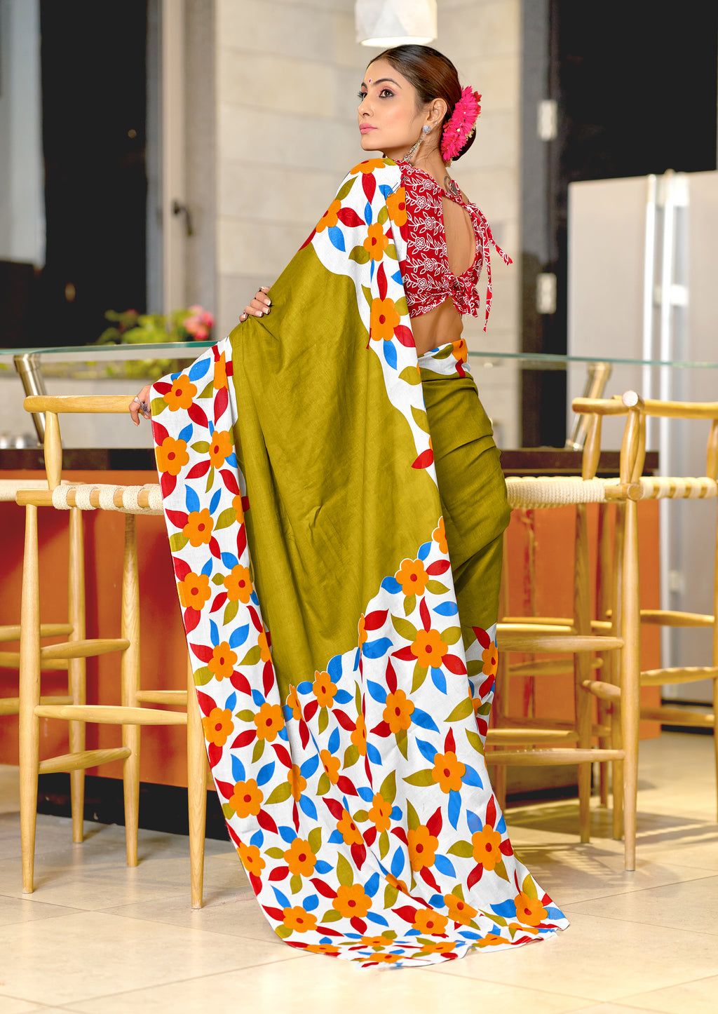 NIRUPA PURE MULMUL COTTON FLORAL PRINTED BLOCK PRINTD GREEN SAREE