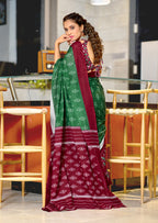 PREMWATHI PURE MULMUL COTTON IKKAT POCHAMPALLY HAND PRINTED BOTTAL GREEN SAREE