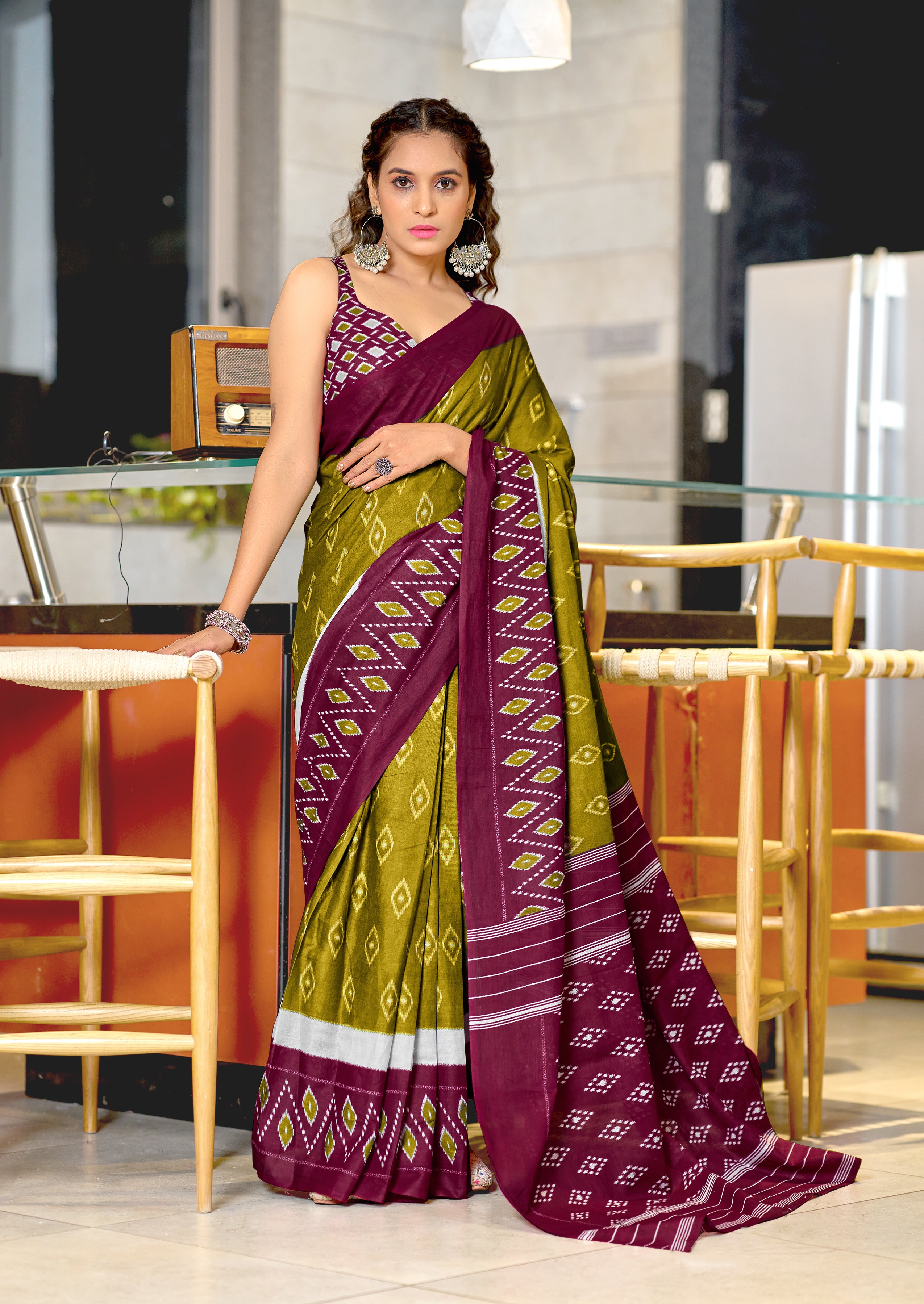 PREMWATHI PURE MULMUL COTTON IKKAT POCHAMPALLY HAND PRINTED OLIVE GREEN SAREE