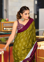 PREMWATHI PURE MULMUL COTTON IKKAT POCHAMPALLY HAND PRINTED OLIVE GREEN SAREE