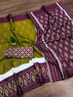 PREMWATHI PURE MULMUL COTTON IKKAT POCHAMPALLY HAND PRINTED OLIVE GREEN SAREE