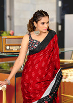 PREMWATHI PURE MULMUL COTTON IKKAT POCHAMPALLY HAND PRINTED RED SAREE