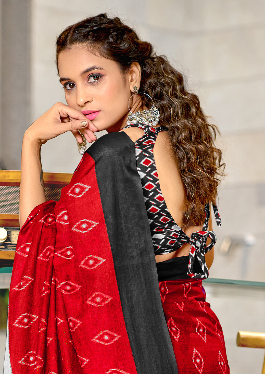 PREMWATHI PURE MULMUL COTTON IKKAT POCHAMPALLY HAND PRINTED RED SAREE