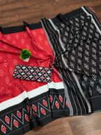 PREMWATHI PURE MULMUL COTTON IKKAT POCHAMPALLY HAND PRINTED RED SAREE