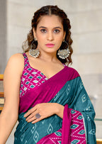 PREMWATHI PURE MULMUL COTTON IKKAT POCHAMPALLY HAND PRINTED TEAL BLUE SAREE