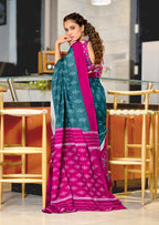 PREMWATHI PURE MULMUL COTTON IKKAT POCHAMPALLY HAND PRINTED TEAL BLUE SAREE