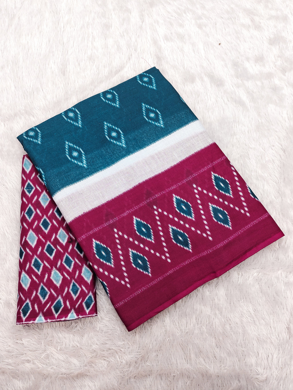 PREMWATHI PURE MULMUL COTTON IKKAT POCHAMPALLY HAND PRINTED TEAL BLUE SAREE