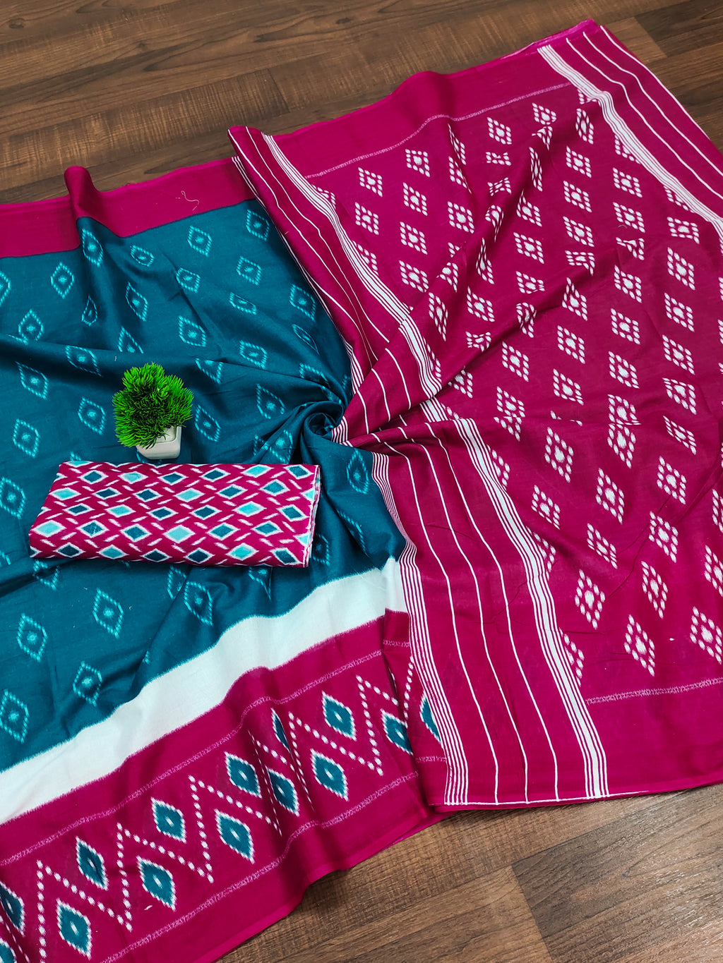 PREMWATHI PURE MULMUL COTTON IKKAT POCHAMPALLY HAND PRINTED TEAL BLUE SAREE