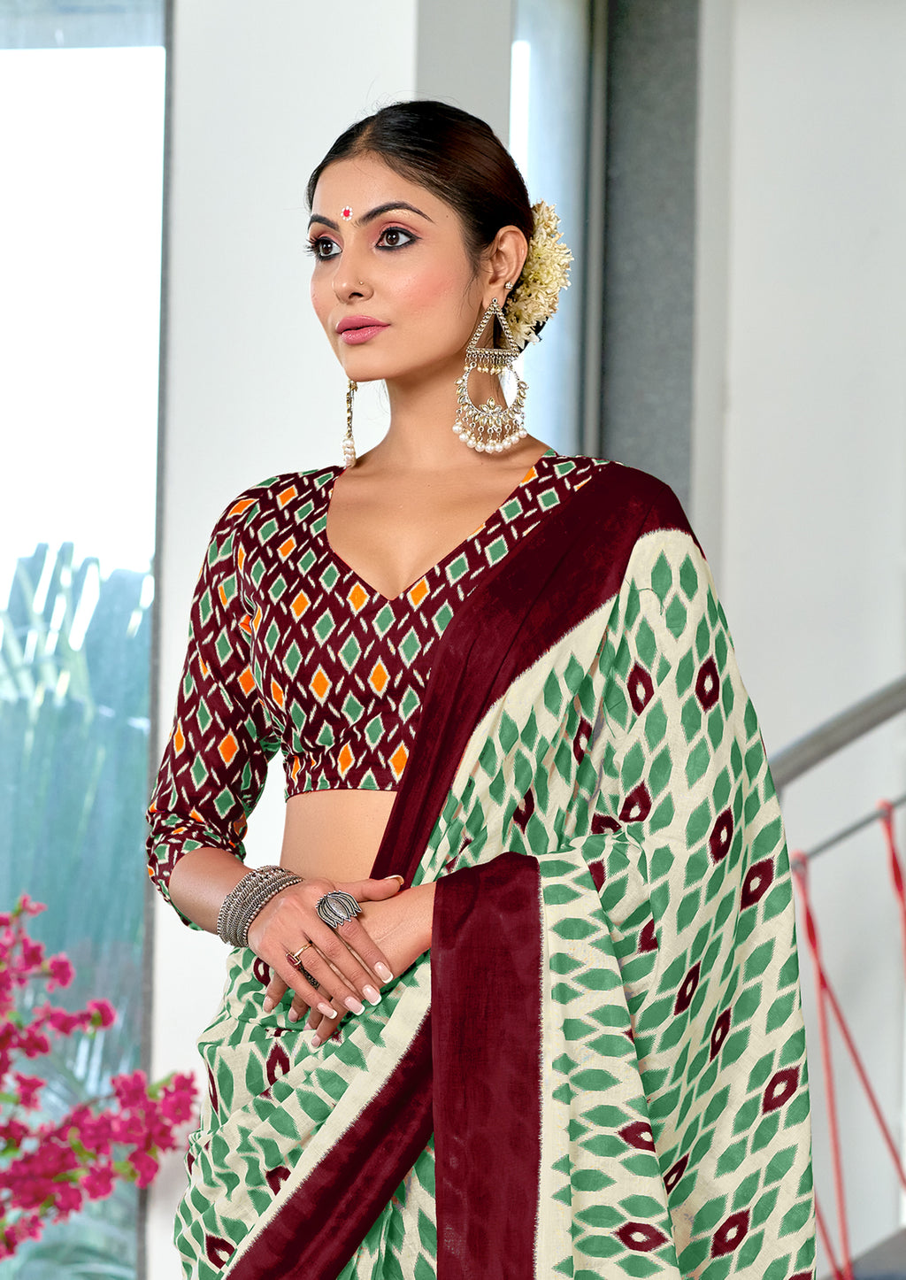 PRIYALAXMI PURE MULMUL COTTON IKKAT PRINTD MAROON AND LIGHT GREEN SAREE