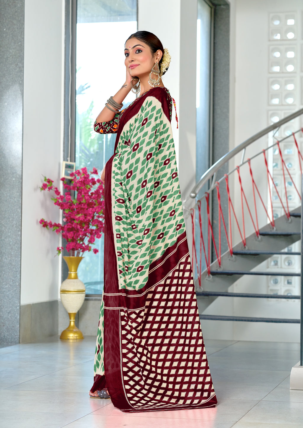 PRIYALAXMI PURE MULMUL COTTON IKKAT PRINTD MAROON AND LIGHT GREEN SAREE