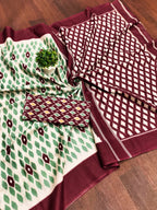 PRIYALAXMI PURE MULMUL COTTON IKKAT PRINTD MAROON AND LIGHT GREEN SAREE