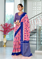 PRIYALAXMI PURE MULMUL COTTON IKKAT PRINTD PINK AND BLUE SAREE