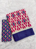 PRIYALAXMI PURE MULMUL COTTON IKKAT PRINTD PINK AND BLUE SAREE