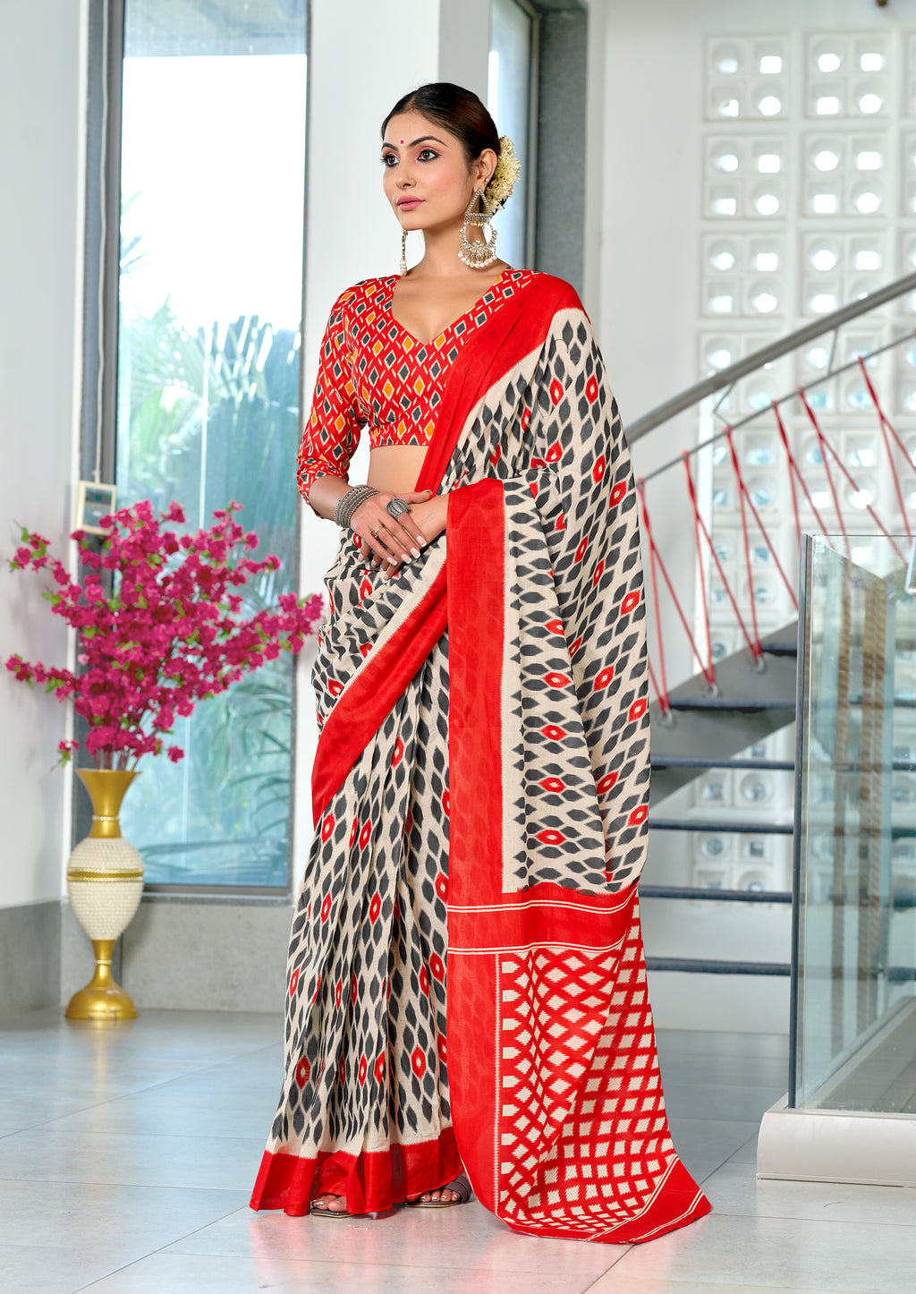 PRIYALAXMI PURE MULMUL COTTON IKKAT PRINTD RED AND GREY SAREE