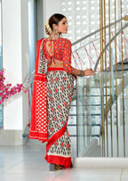PRIYALAXMI PURE MULMUL COTTON IKKAT PRINTD RED AND GREY SAREE