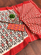 PRIYALAXMI PURE MULMUL COTTON IKKAT PRINTD RED AND GREY SAREE