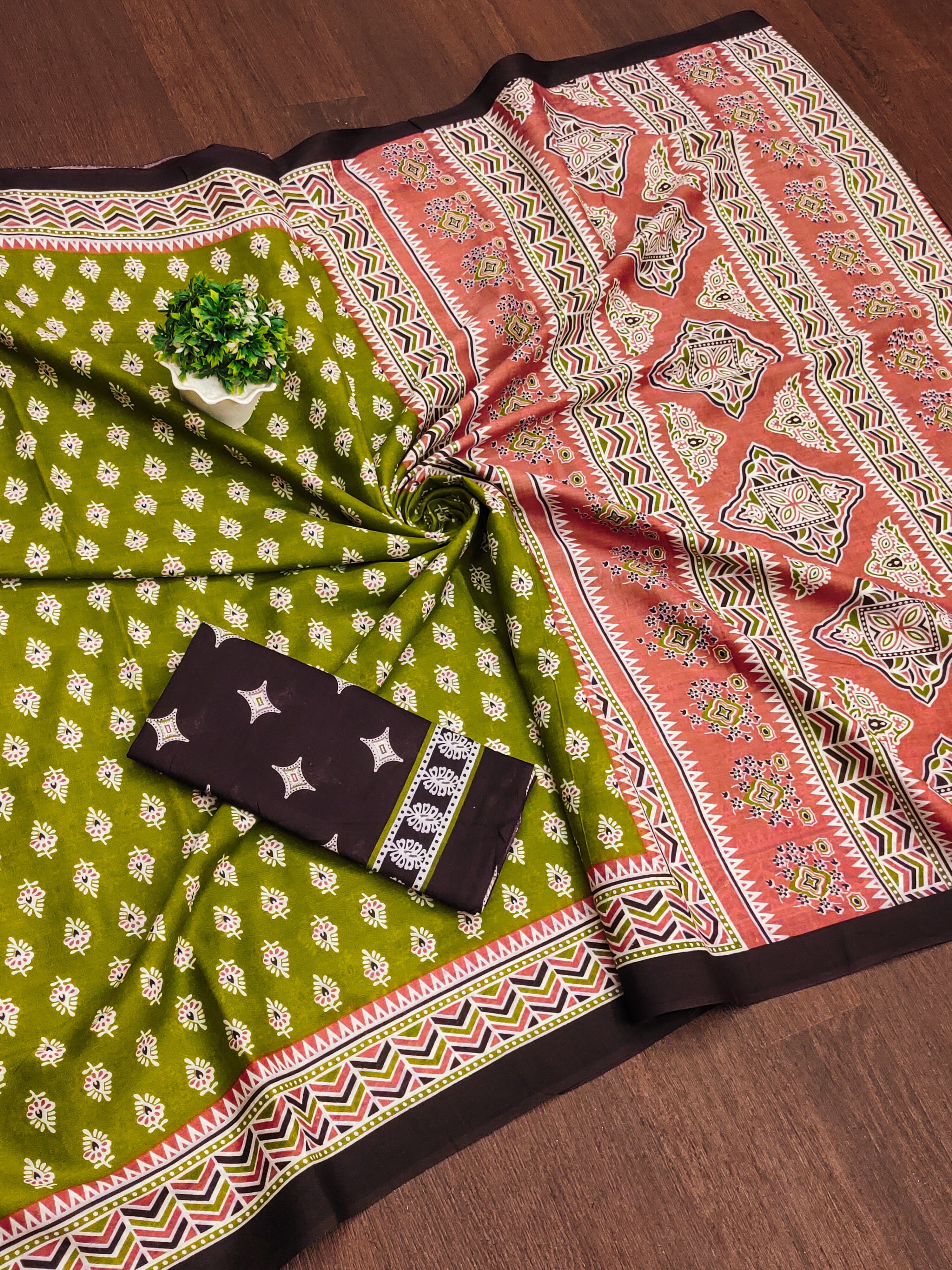 RACHITA PURE MULMUL COTTON BAGRU PRINTD GREEN SAREE