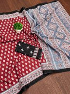 RACHITA PURE MULMUL COTTON BAGRU PRINTD MAROON SAREE