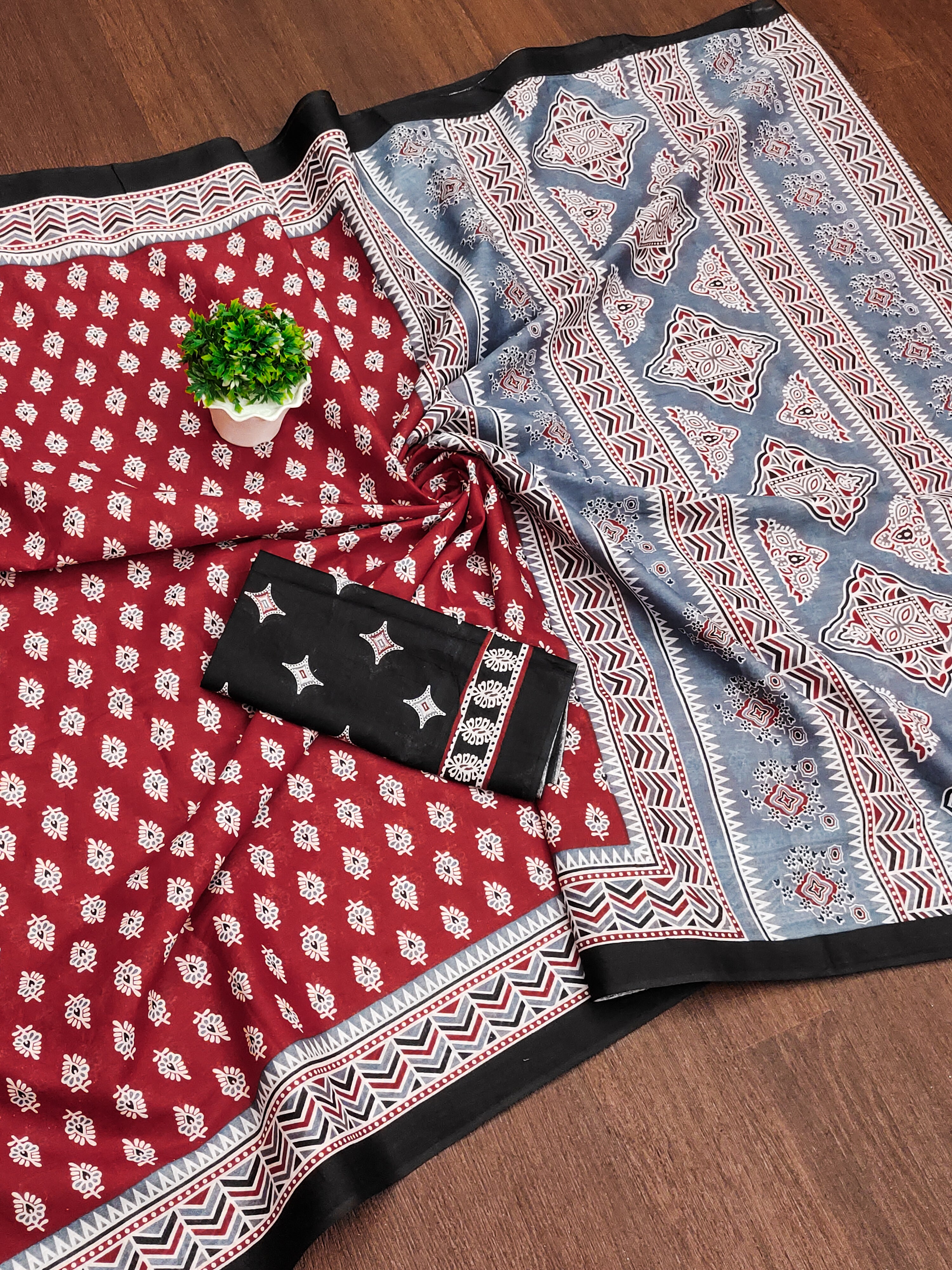 RACHITA PURE MULMUL COTTON BAGRU PRINTD MAROON SAREE