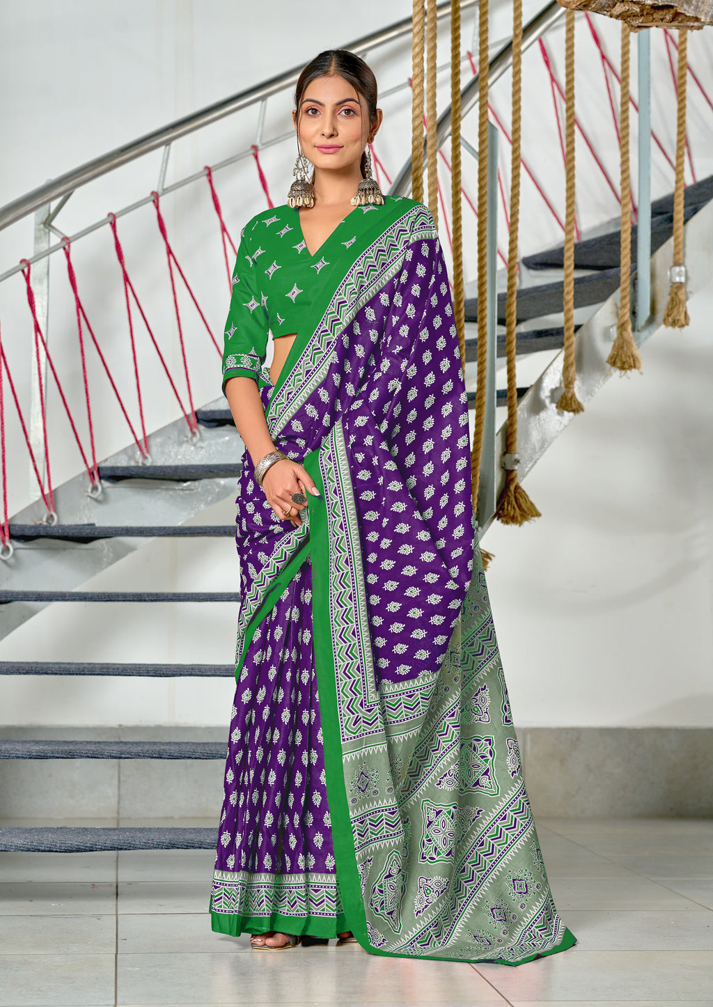 RACHITA PURE MULMUL COTTON BAGRU PRINTD PURPLE SAREE