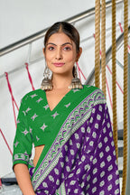 RACHITA PURE MULMUL COTTON BAGRU PRINTD PURPLE SAREE