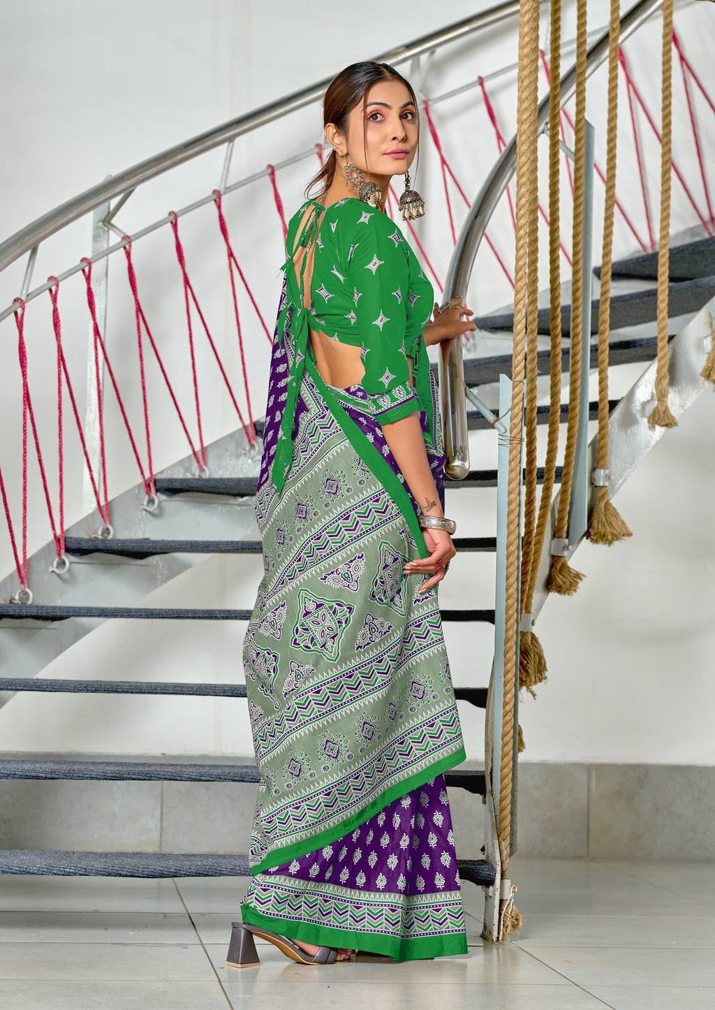 RACHITA PURE MULMUL COTTON BAGRU PRINTD PURPLE SAREE