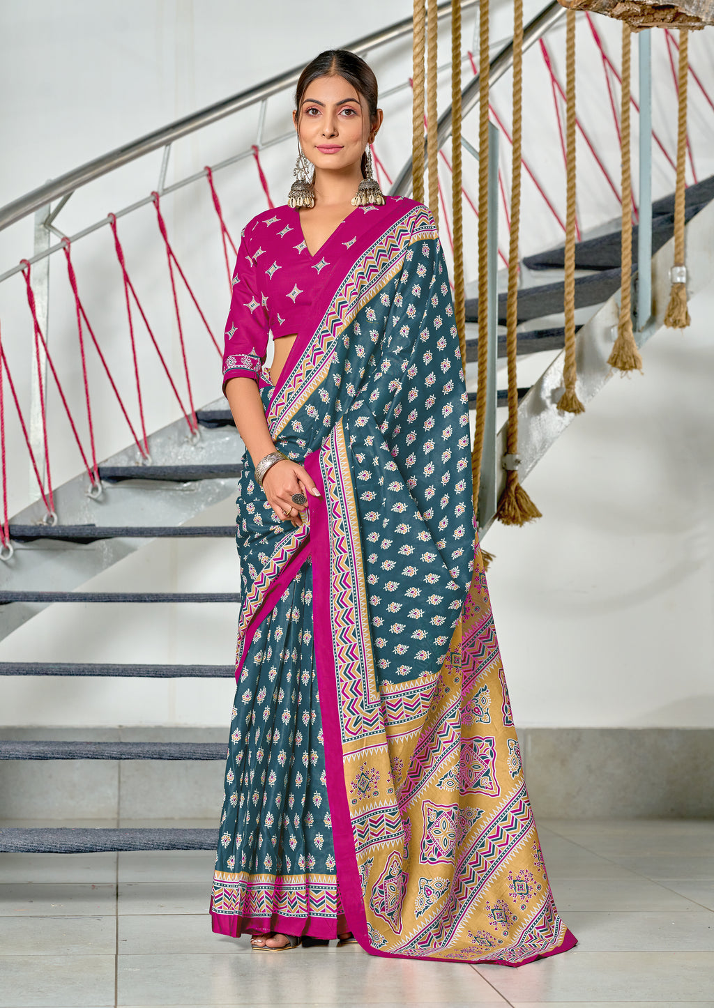 RACHITA PURE MULMUL COTTON BAGRU PRINTD STILL GREY SAREE