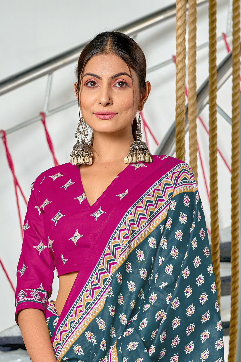 RACHITA PURE MULMUL COTTON BAGRU PRINTD STILL GREY SAREE