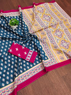 RACHITA PURE MULMUL COTTON BAGRU PRINTD STILL GREY SAREE