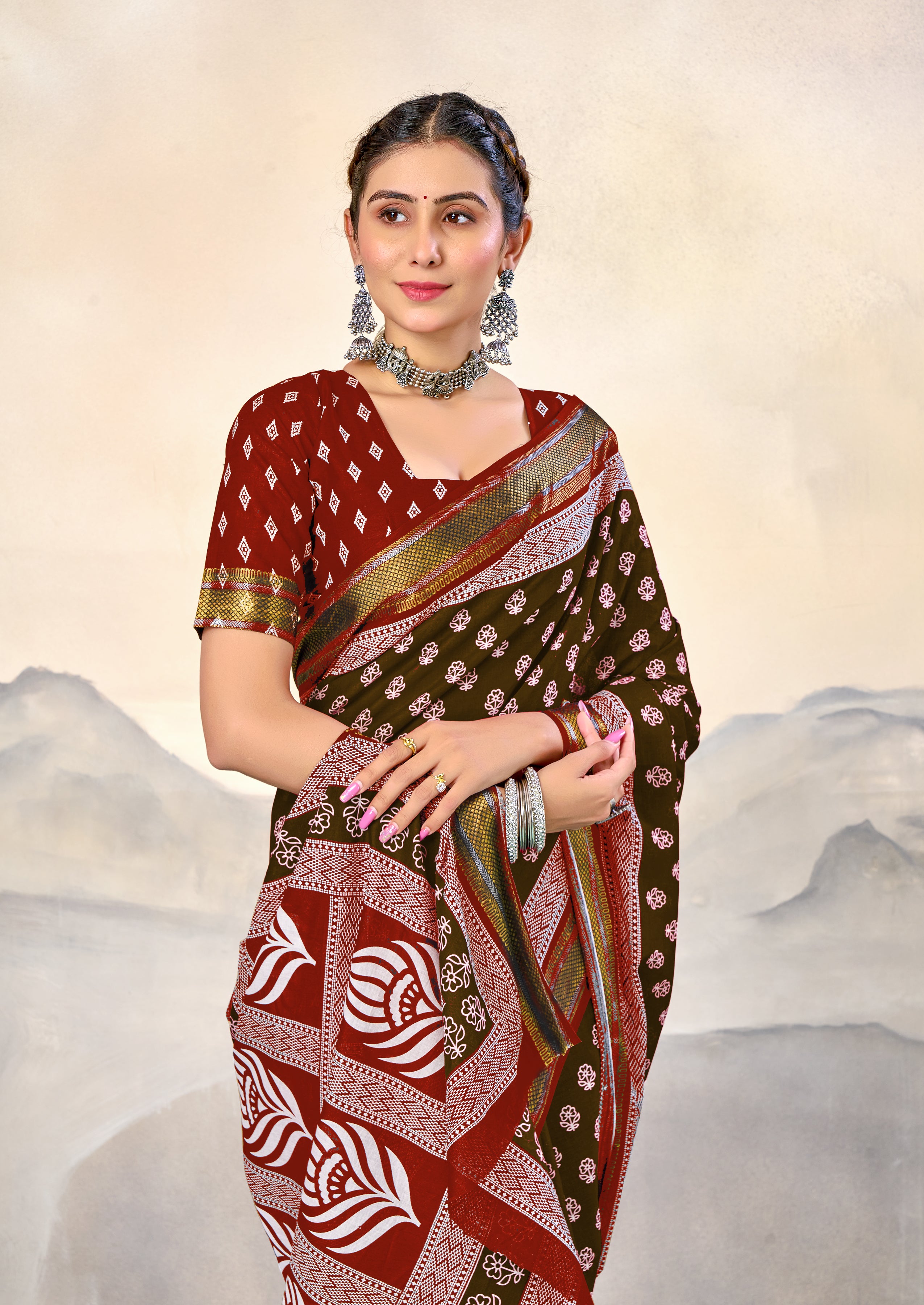 RASHMI PURE MULMUL HAND BLOCK PRINT WITH HEVAY ZARI BODAR BROWN AND RED SAREE