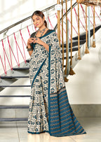 RUTBA PURE MULMUL COTTON BAGRU PRINTED BLUE SAREE
