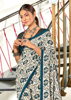 RUTBA PURE MULMUL COTTON BAGRU PRINTED BLUE SAREE