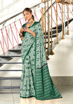 RUTBA PURE MULMUL COTTON BAGRU PRINTED GREEN SAREE