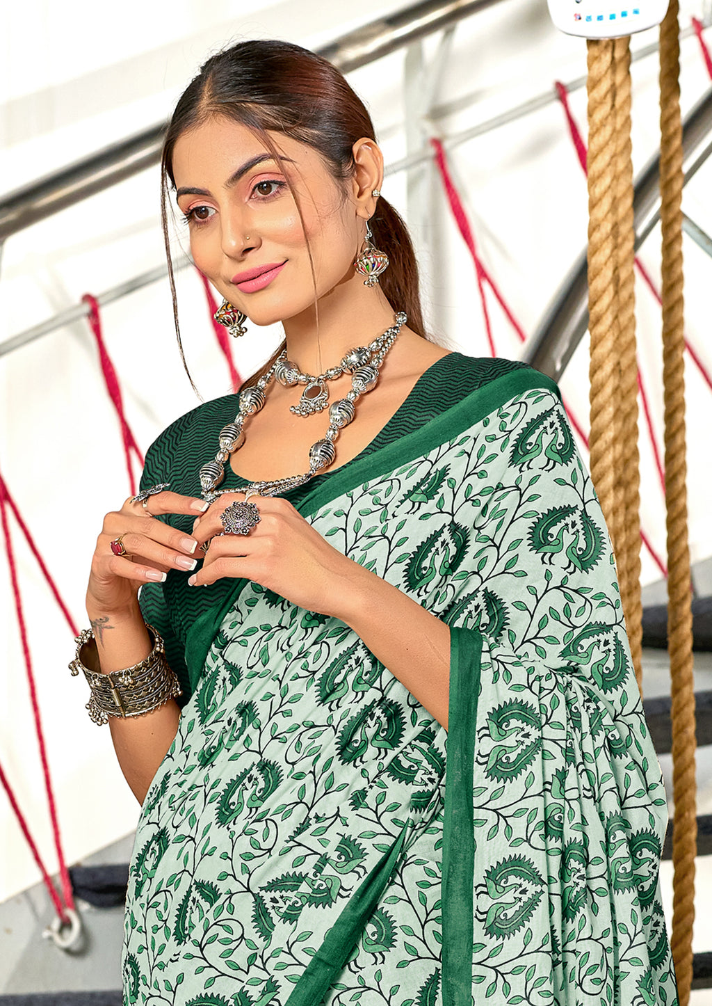 RUTBA PURE MULMUL COTTON BAGRU PRINTED GREEN SAREE