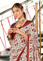 RUTBA PURE MULMUL COTTON BAGRU PRINTED MAROON SAREE