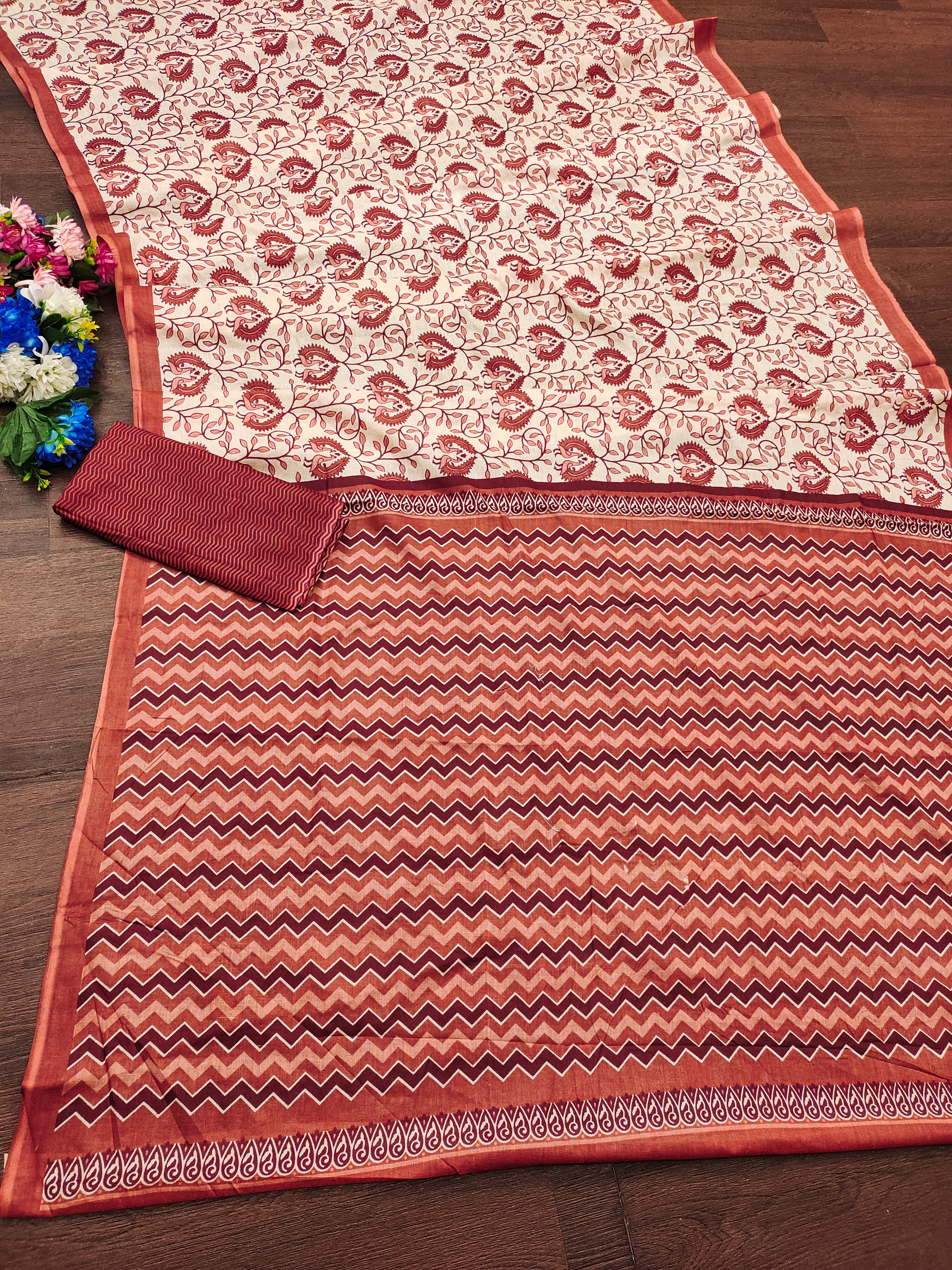 RUTBA PURE MULMUL COTTON BAGRU PRINTED MAROON SAREE