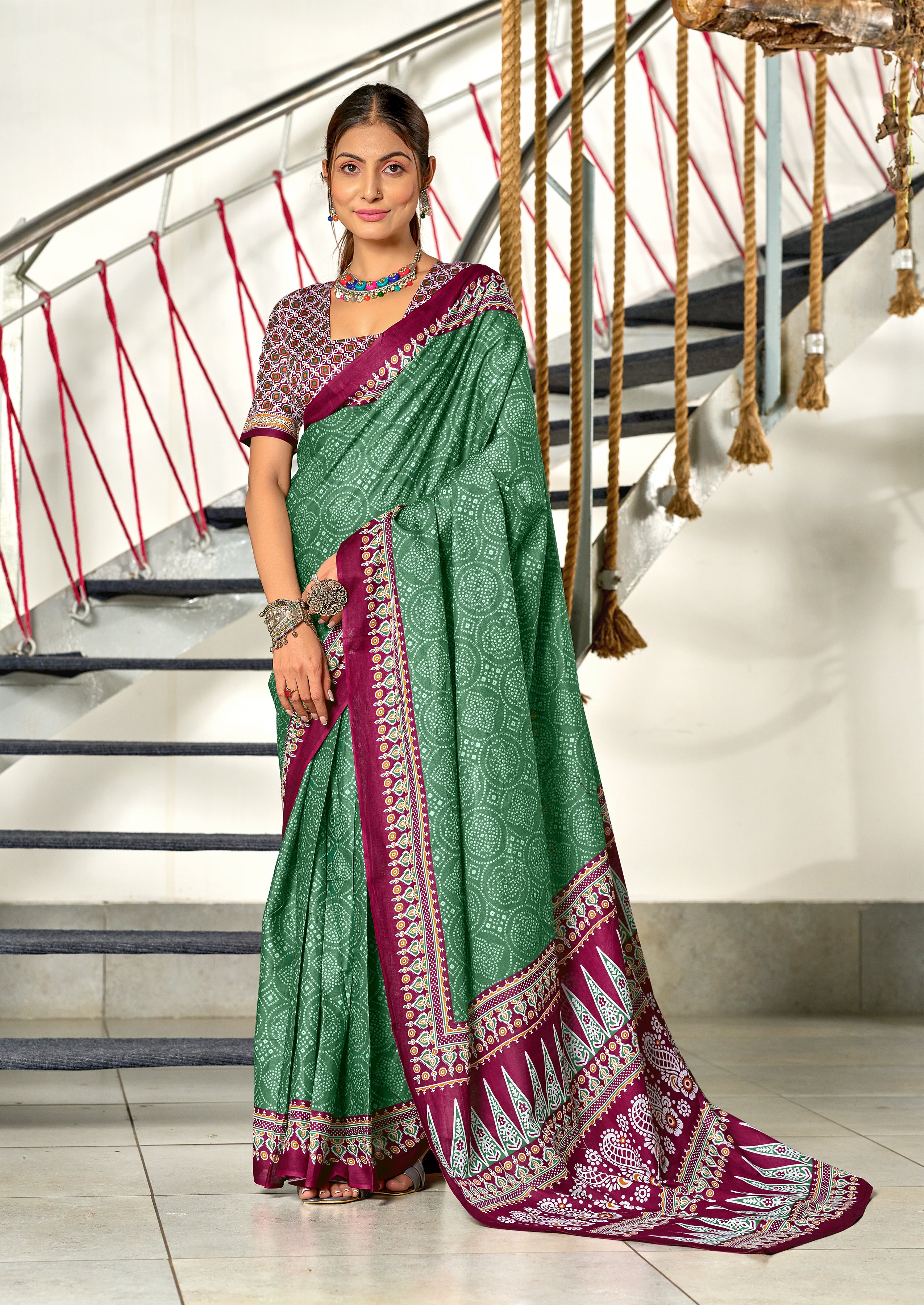 SANMATHI PURE MULMUL COTTON BANDHANI PRINTD BOTTLE GREEN SAREE