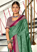 SANMATHI PURE MULMUL COTTON BANDHANI PRINTD BOTTLE GREEN SAREE