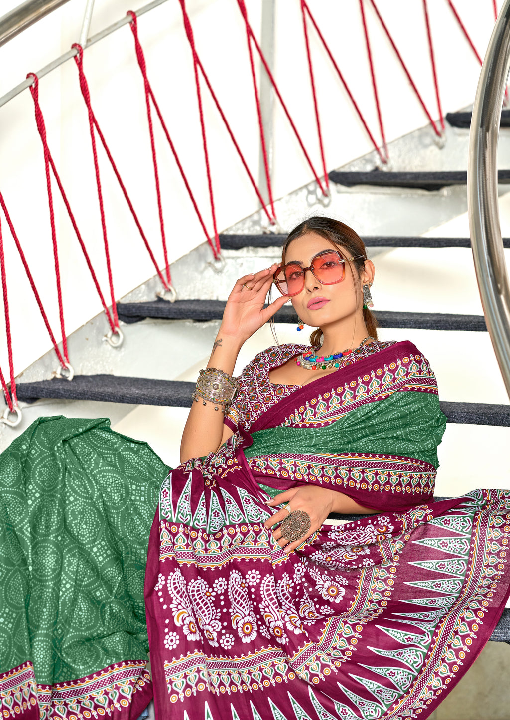 SANMATHI PURE MULMUL COTTON BANDHANI PRINTD BOTTLE GREEN SAREE