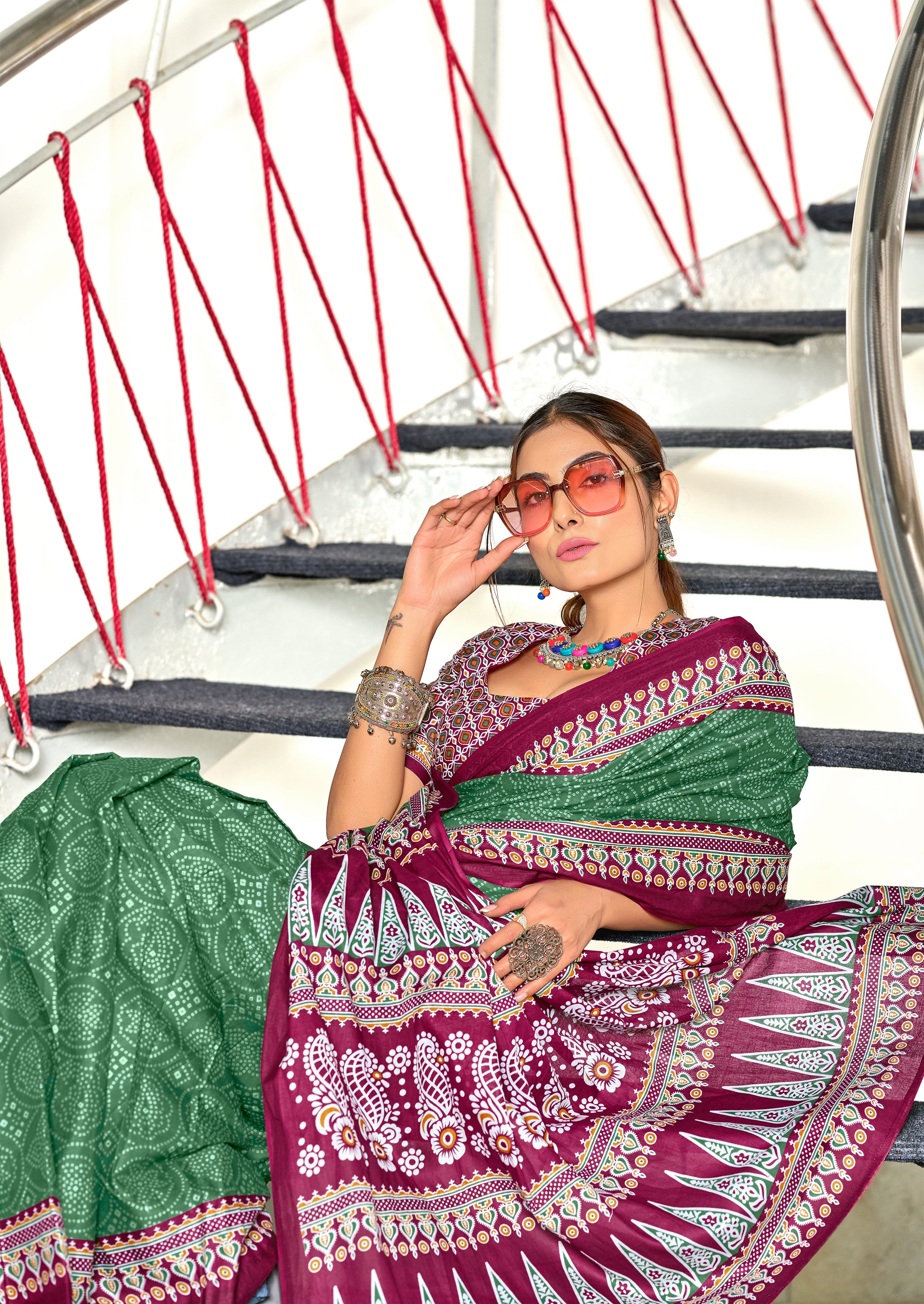 SANMATHI PURE MULMUL COTTON BANDHANI PRINTD BOTTLE GREEN SAREE