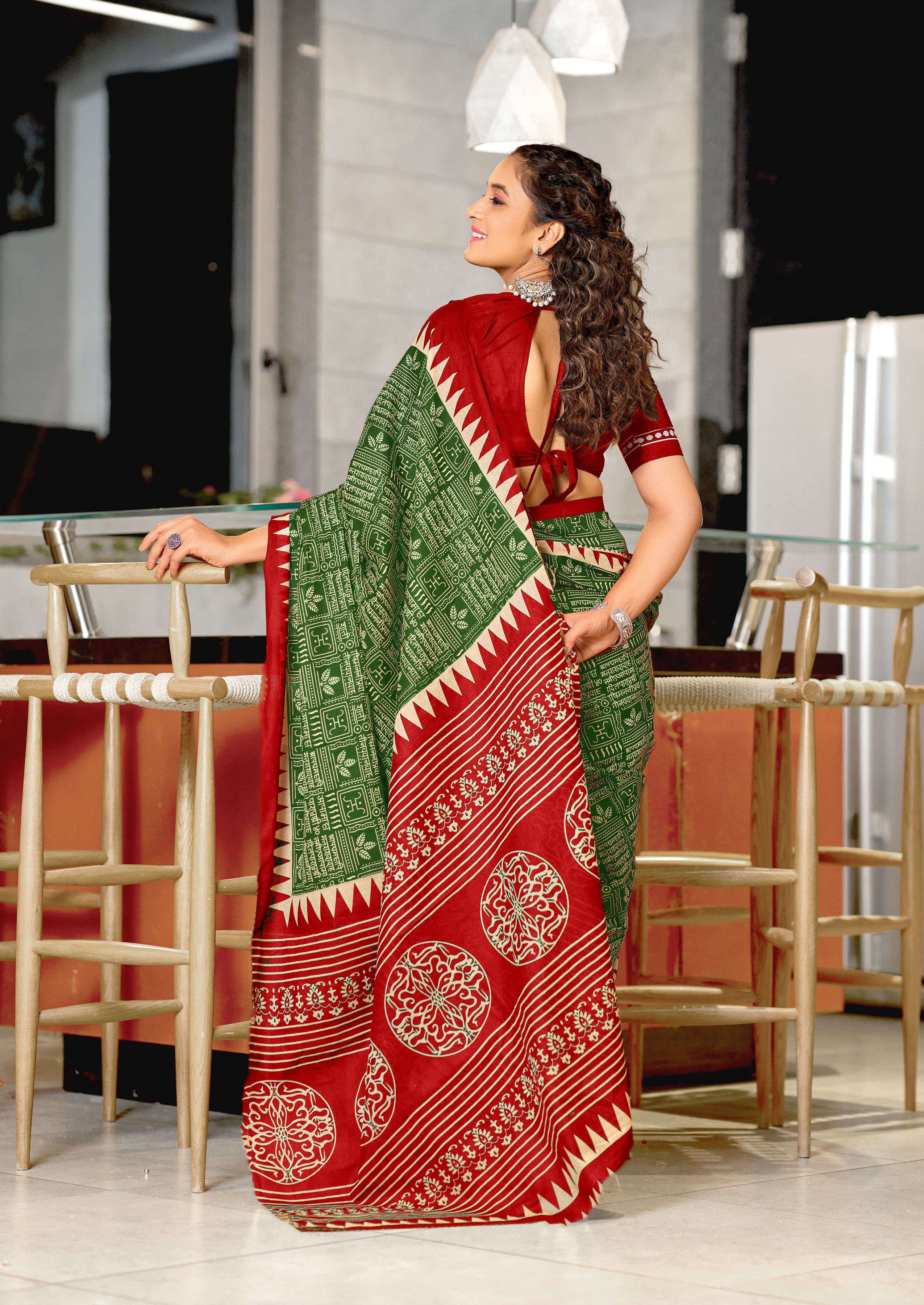 SANSKAR PURE MULMUL COTTON SANSKRIT MANTRAS BLOCK PRINTED GREEN SAREE