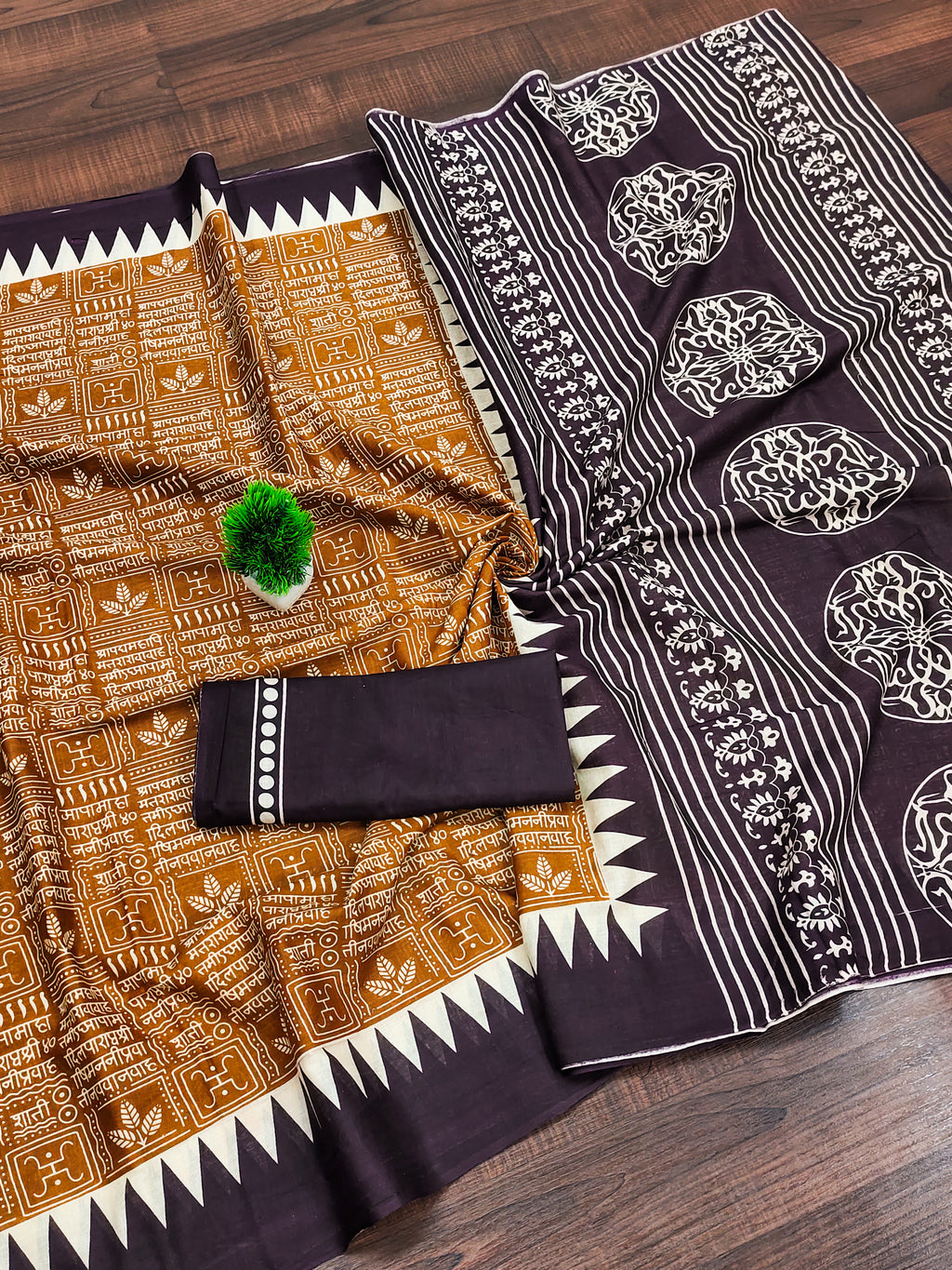 SANSKAR PURE MULMUL COTTON SANSKRIT MANTRAS BLOCK PRINTED MUSTARD SAREE