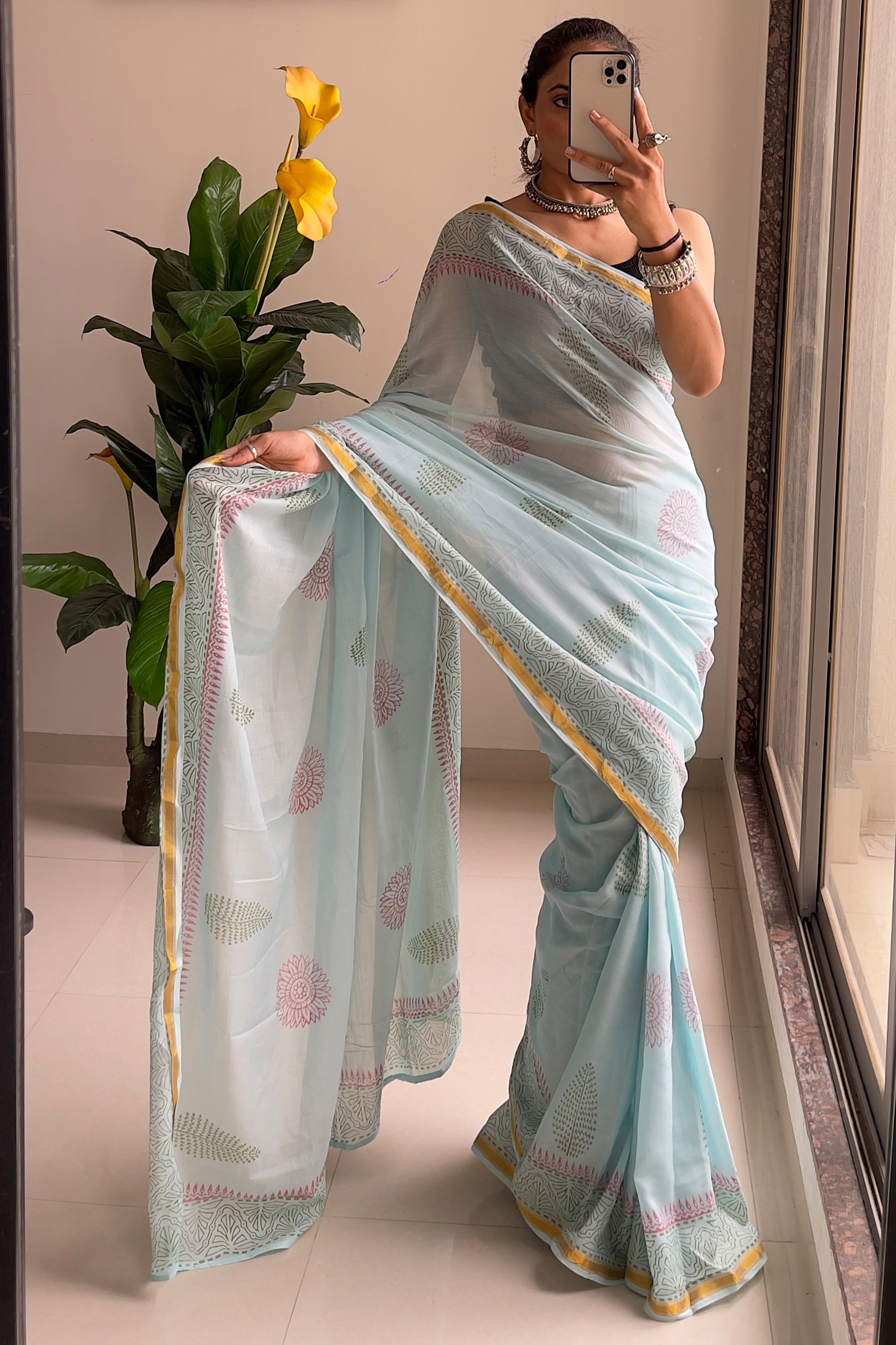 SELFI10 SOFT MASLIN COTTON WITH HEVY ZARI BODAR MINT GREEN SAREE