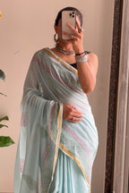 SELFI10 SOFT MASLIN COTTON WITH HEVY ZARI BODAR MINT GREEN SAREE